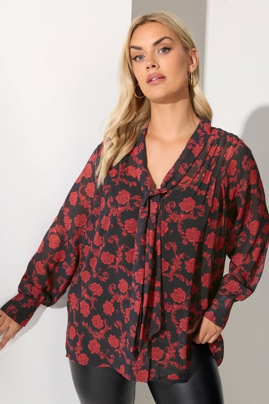 Yours London Black Floral Pintuck Bow Tie Blouse