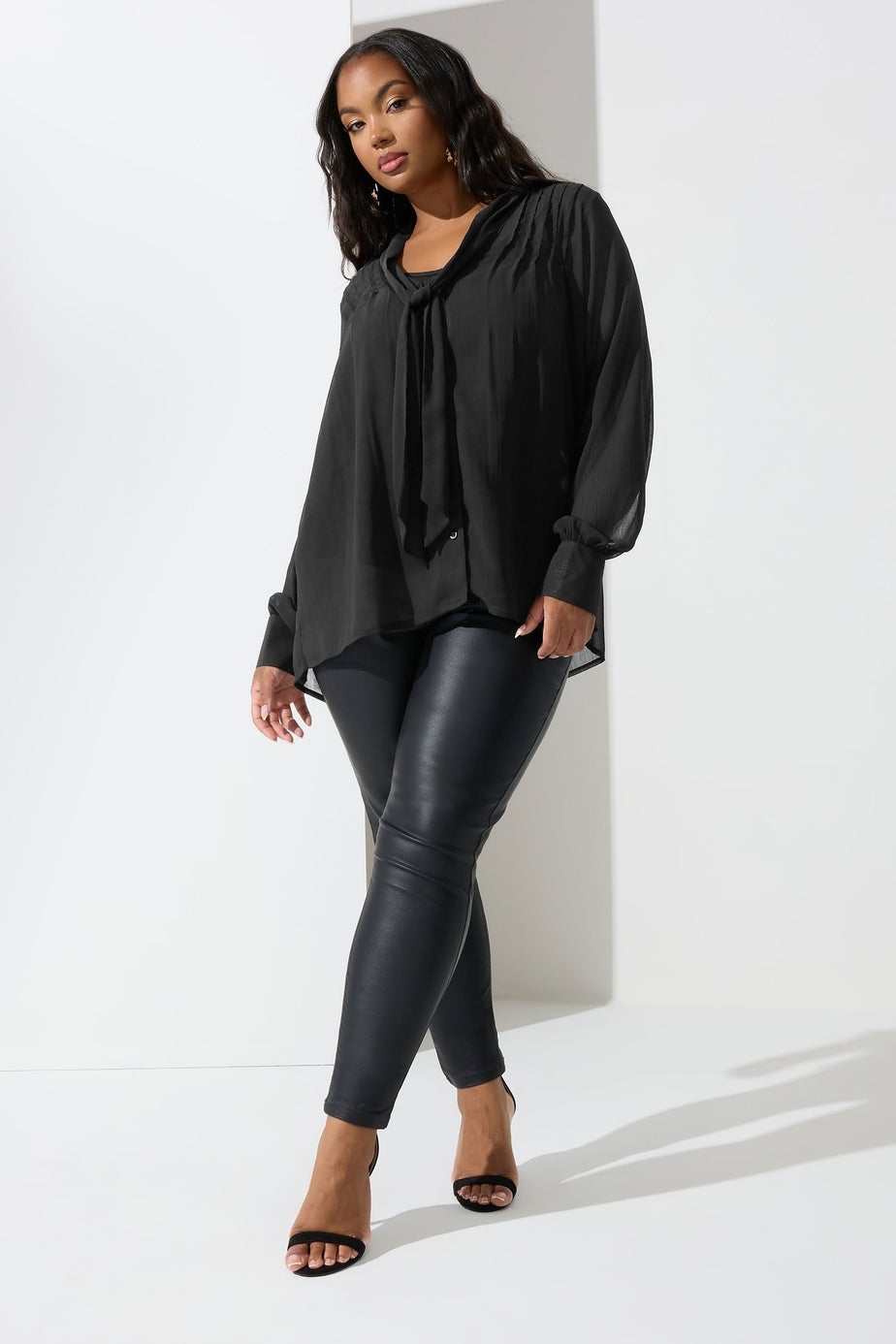 Yours London Black Pintuck Bow Tie Blouse