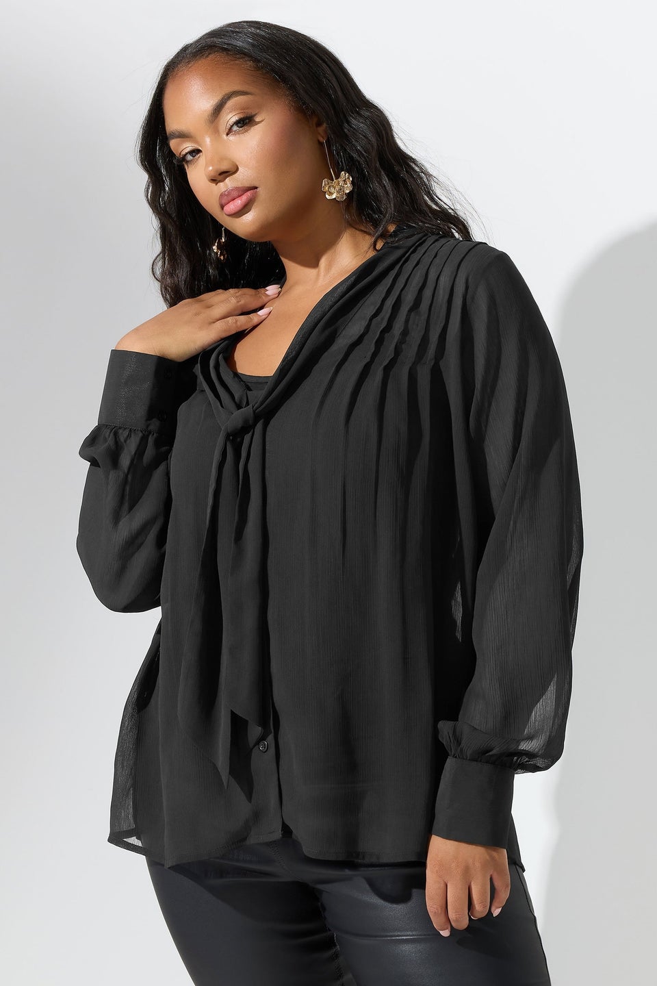 Yours London Black Pintuck Bow Tie Blouse