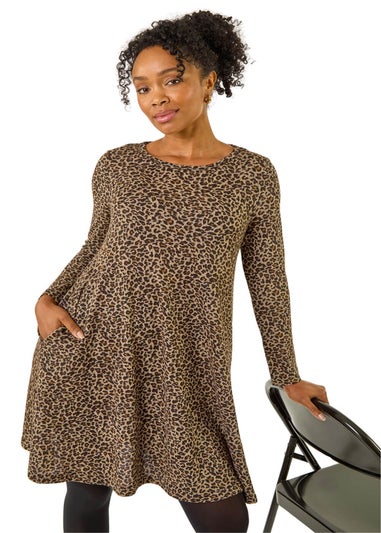 Roman Brown Petite Leopard A-Line Dress