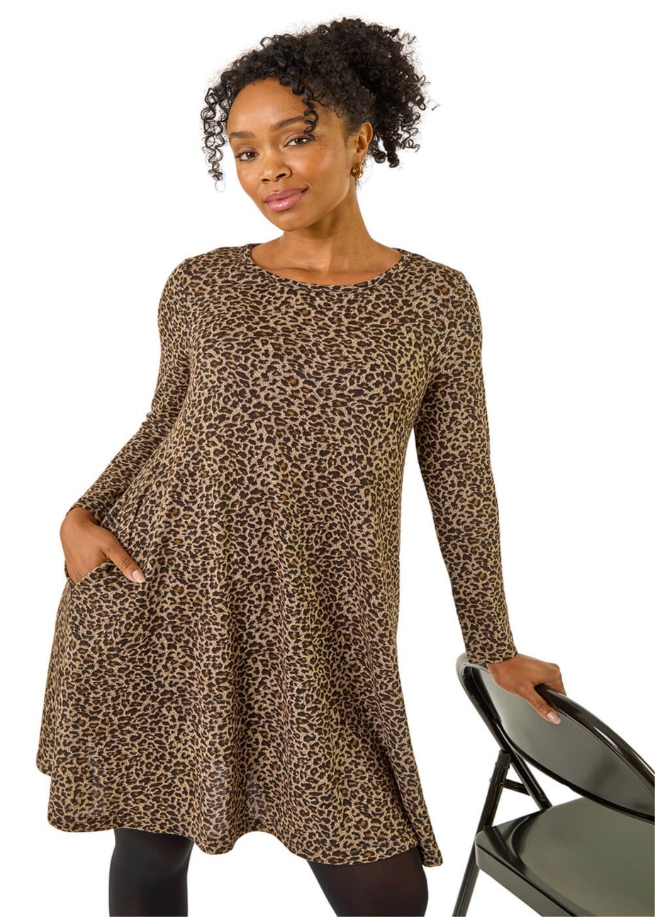 Roman Brown Petite Leopard A-Line Dress