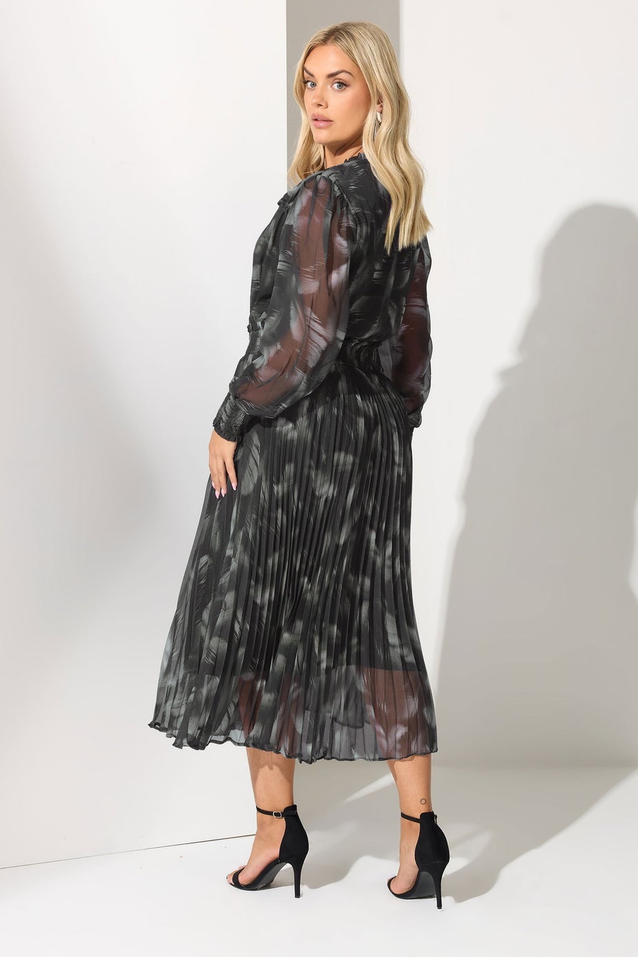 Yours London Black Blurred Feather Pleated Shirt Dress