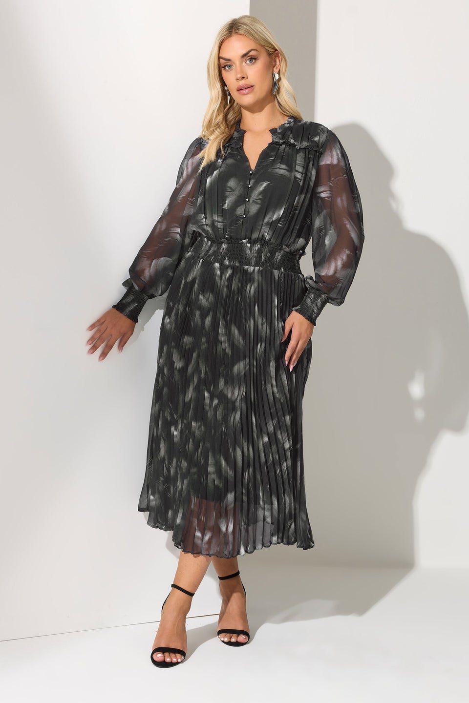 Yours London Black Blurred Feather Pleated Shirt Dress