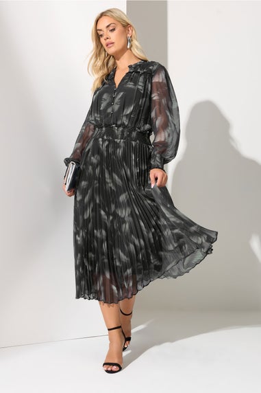 Yours London Black Blurred Feather Pleated Shirt Dress
