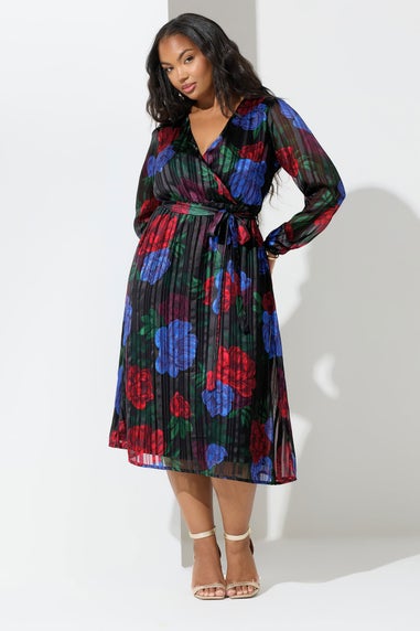 Yours London Black Floral Metallic Wrap Dress