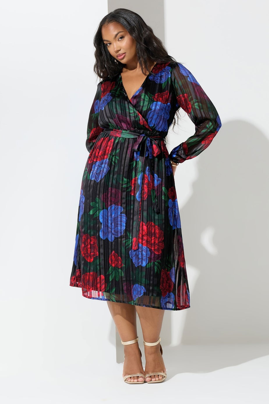 Yours London Black Floral Metallic Wrap Dress