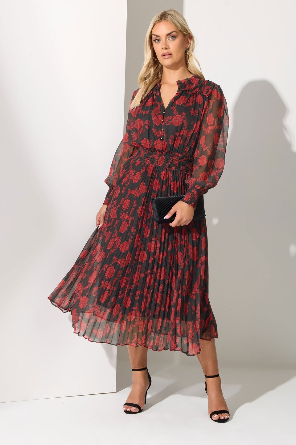 Yours London Black Floral Pleated Shirt Dress