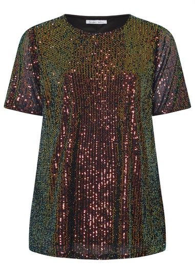 Yours London Curve Black Multicoloured Sequin T-Shirt
