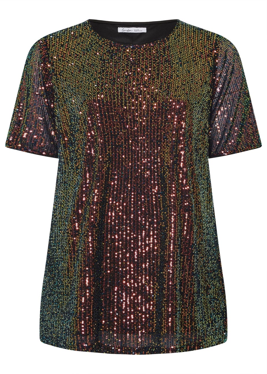 Yours London Curve Black Multicoloured Sequin T-Shirt
