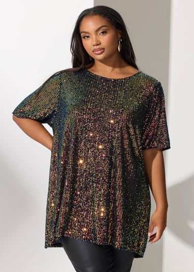 Yours London Curve Black Multicoloured Sequin T-Shirt