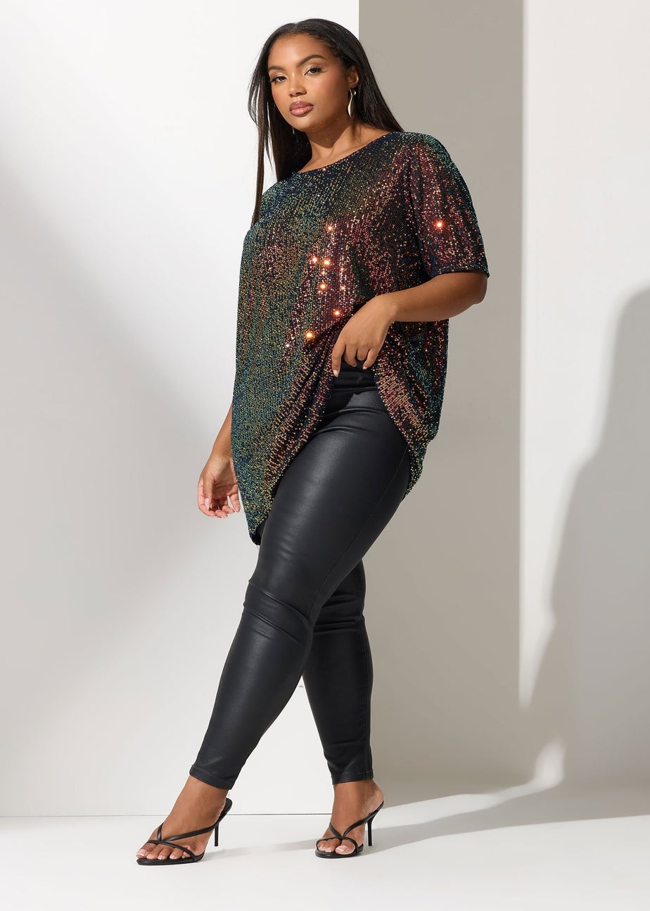 Yours London Curve Black Multicoloured Sequin T-Shirt