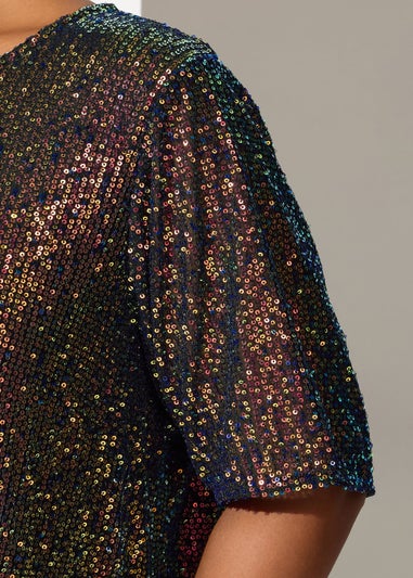 Yours London Curve Black Multicoloured Sequin T-Shirt