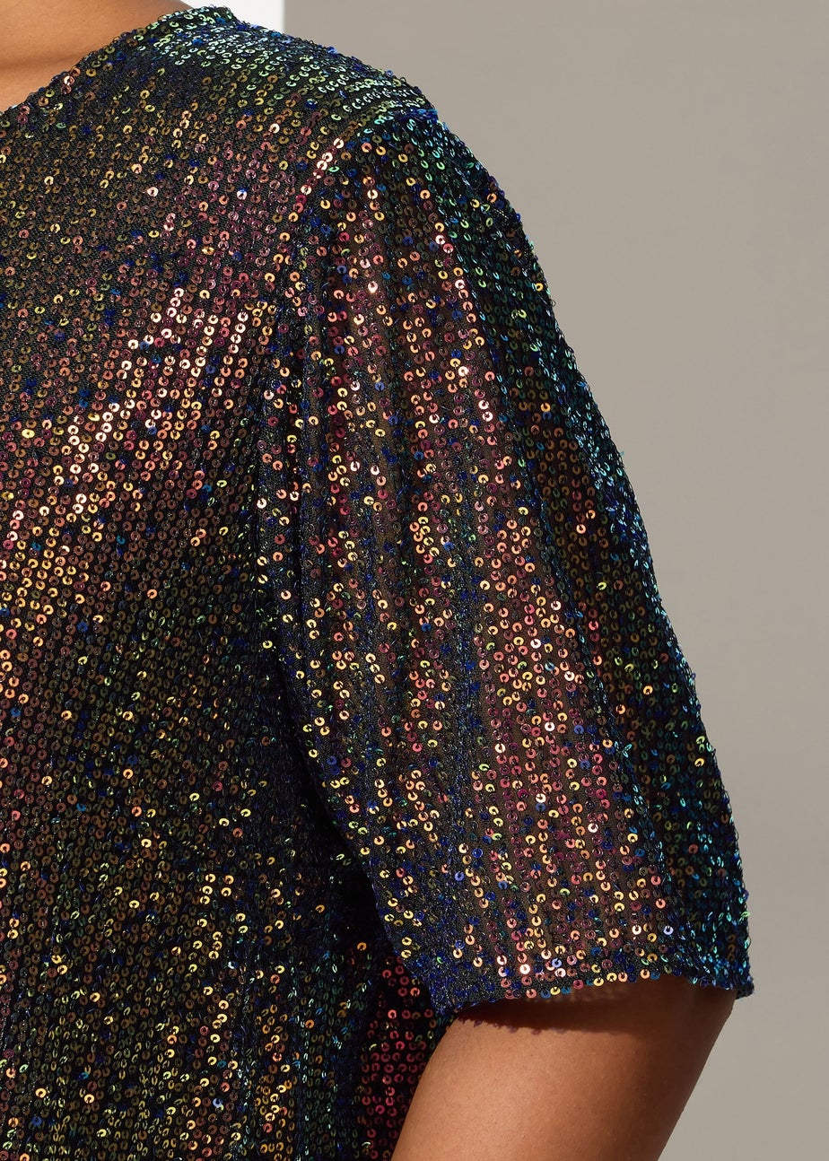 Yours London Curve Black Multicoloured Sequin T-Shirt