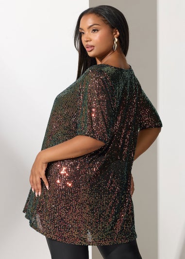 Yours London Curve Black Multicoloured Sequin T-Shirt