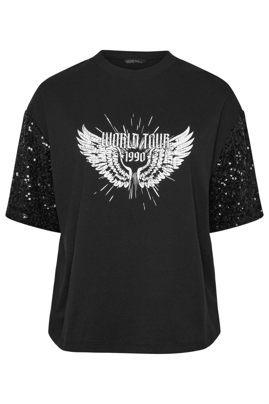 Yours Curve Black Sequin 'World Tour' Graphic T-Shirt