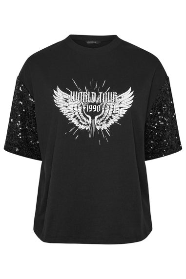 Yours Curve Black Sequin 'World Tour' Graphic T-Shirt