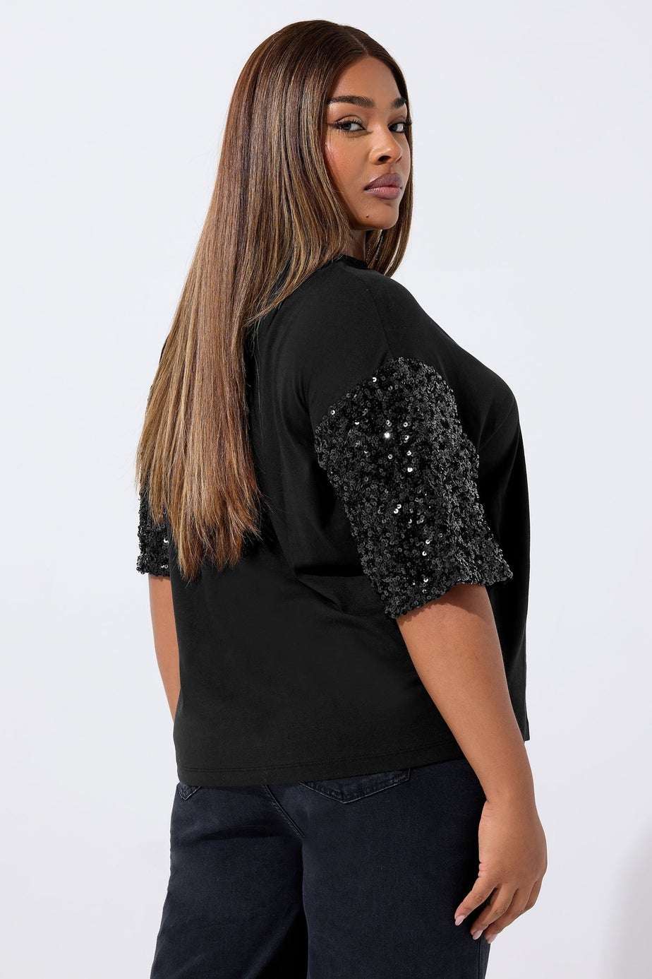 Yours Curve Black Sequin 'World Tour' Graphic T-Shirt