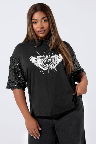 Yours Curve Black Sequin 'World Tour' Graphic T-Shirt