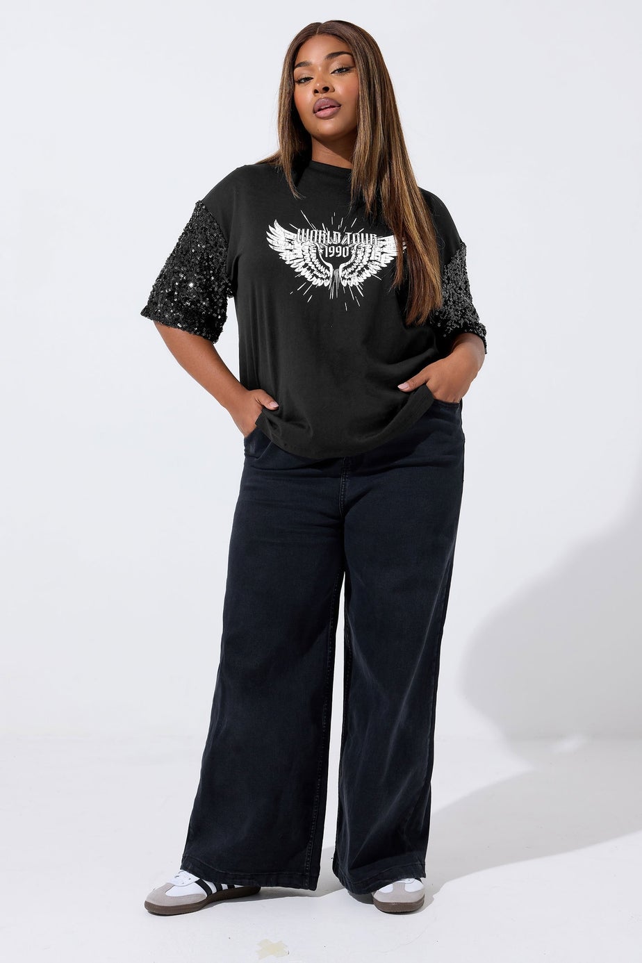 Yours Curve Black Sequin 'World Tour' Graphic T-Shirt
