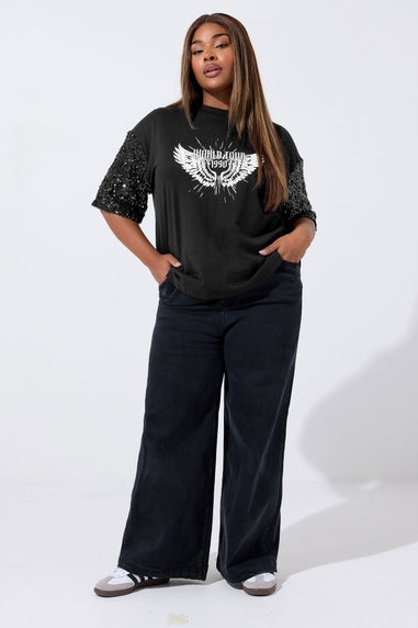 Yours Curve Black Sequin 'World Tour' Graphic T-Shirt