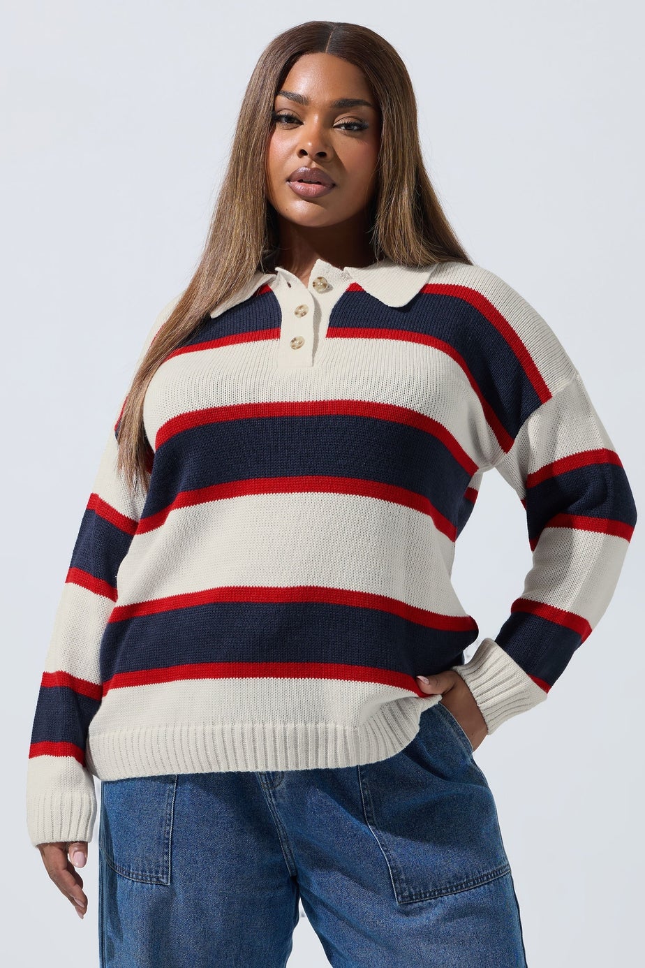 Yours Limited Curve White Stripe Rugby Collar Knitted Jumper