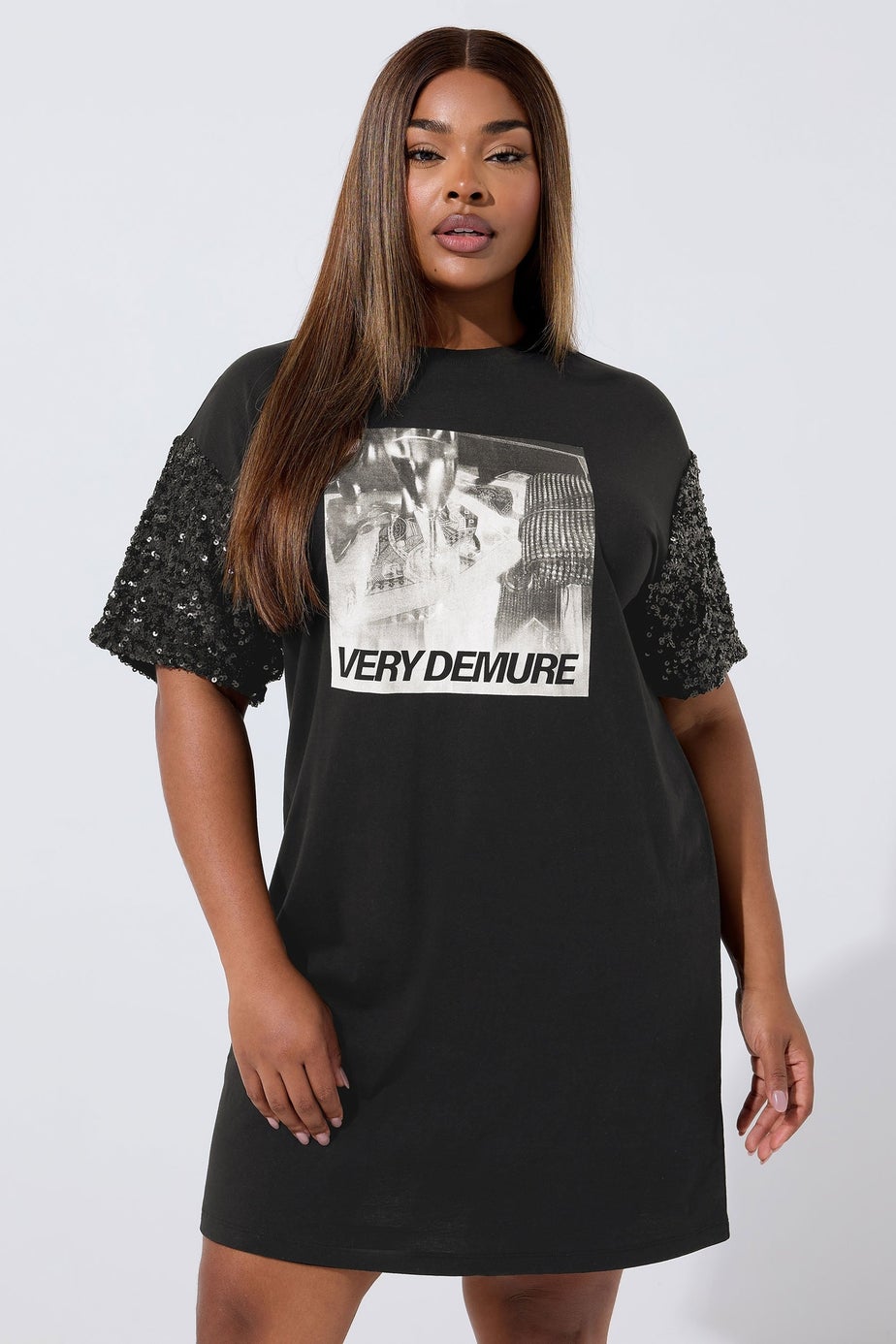 Yours Curve Black Sequin 'Very Demure' Graphic T-Shirt Dress