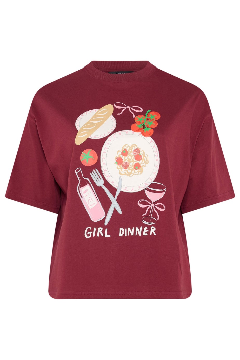 Yours Curve Burgundy Red 'Girl Dinner' Slogan T-Shirt