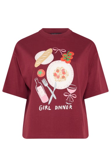 Yours Curve Burgundy Red 'Girl Dinner' Slogan T-Shirt