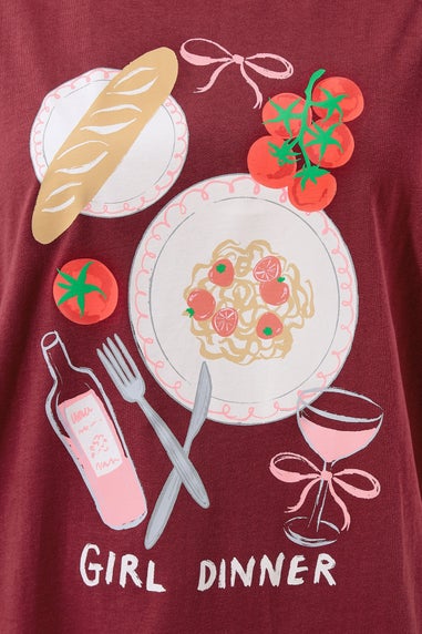 Yours Curve Burgundy Red 'Girl Dinner' Slogan T-Shirt