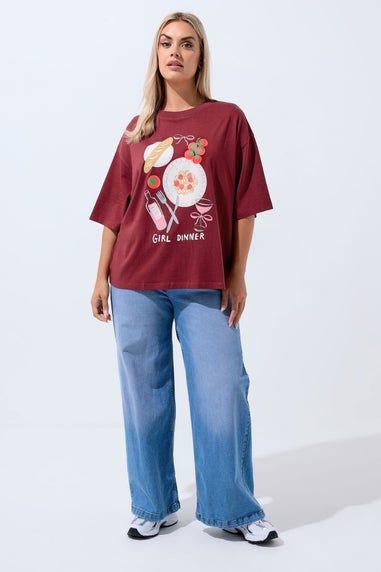 Yours Curve Burgundy Red 'Girl Dinner' Slogan T-Shirt