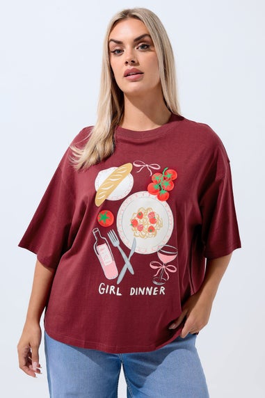 Yours Curve Burgundy Red 'Girl Dinner' Slogan T-Shirt