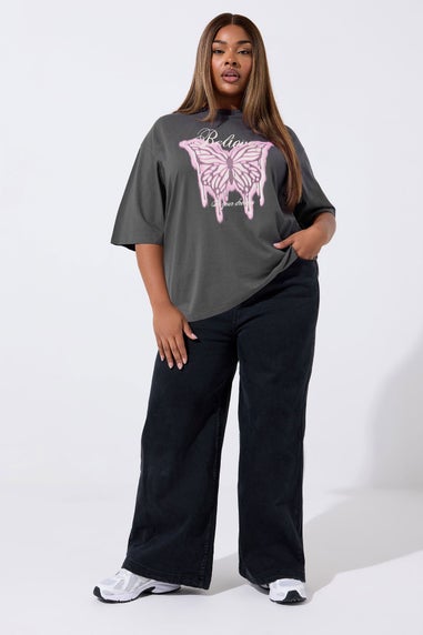 Yours Limited Grey 'Believe' Butterfly Graphic Oversized T-Shirt