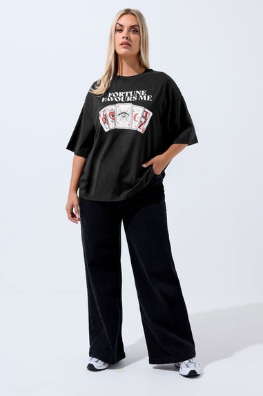 Yours Limited Black 'Fortune Favours Me' Slogan T-Shirt