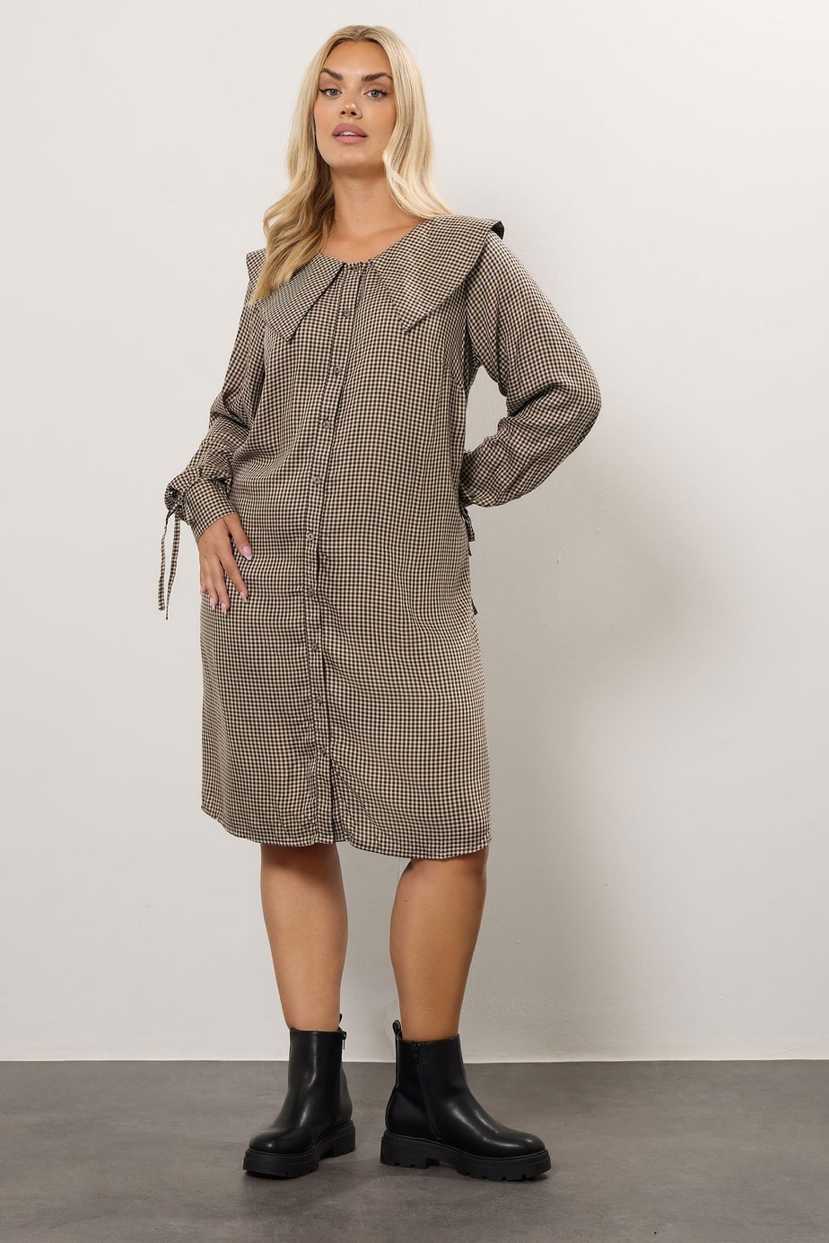 Yours Curve Brown Check Collar Mini Dress
