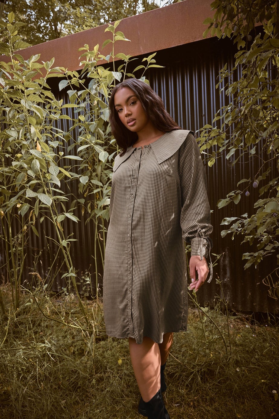 Yours Curve Brown Check Collar Mini Dress