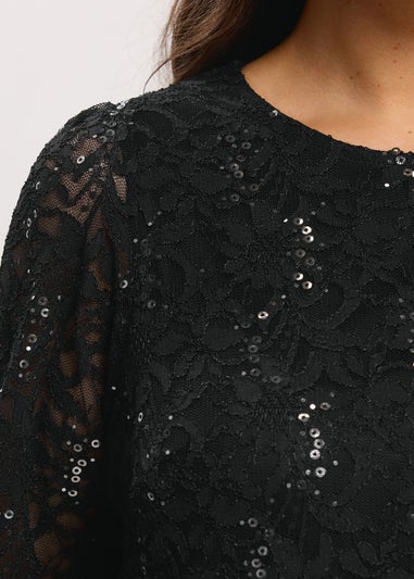 Yours Black & Silver Lace Scallop Hem Mini Dress