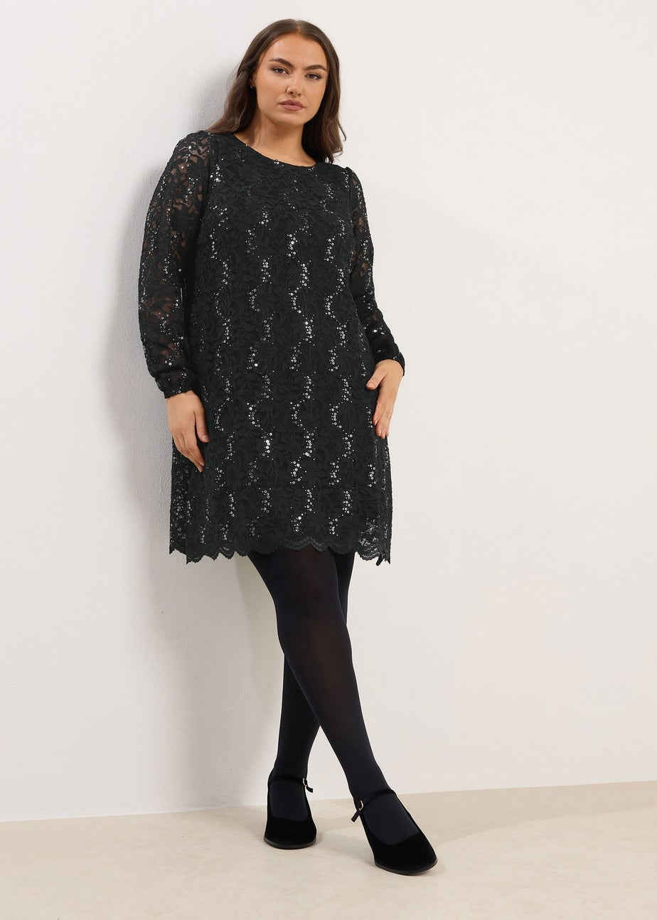 Yours Black & Silver Lace Scallop Hem Mini Dress