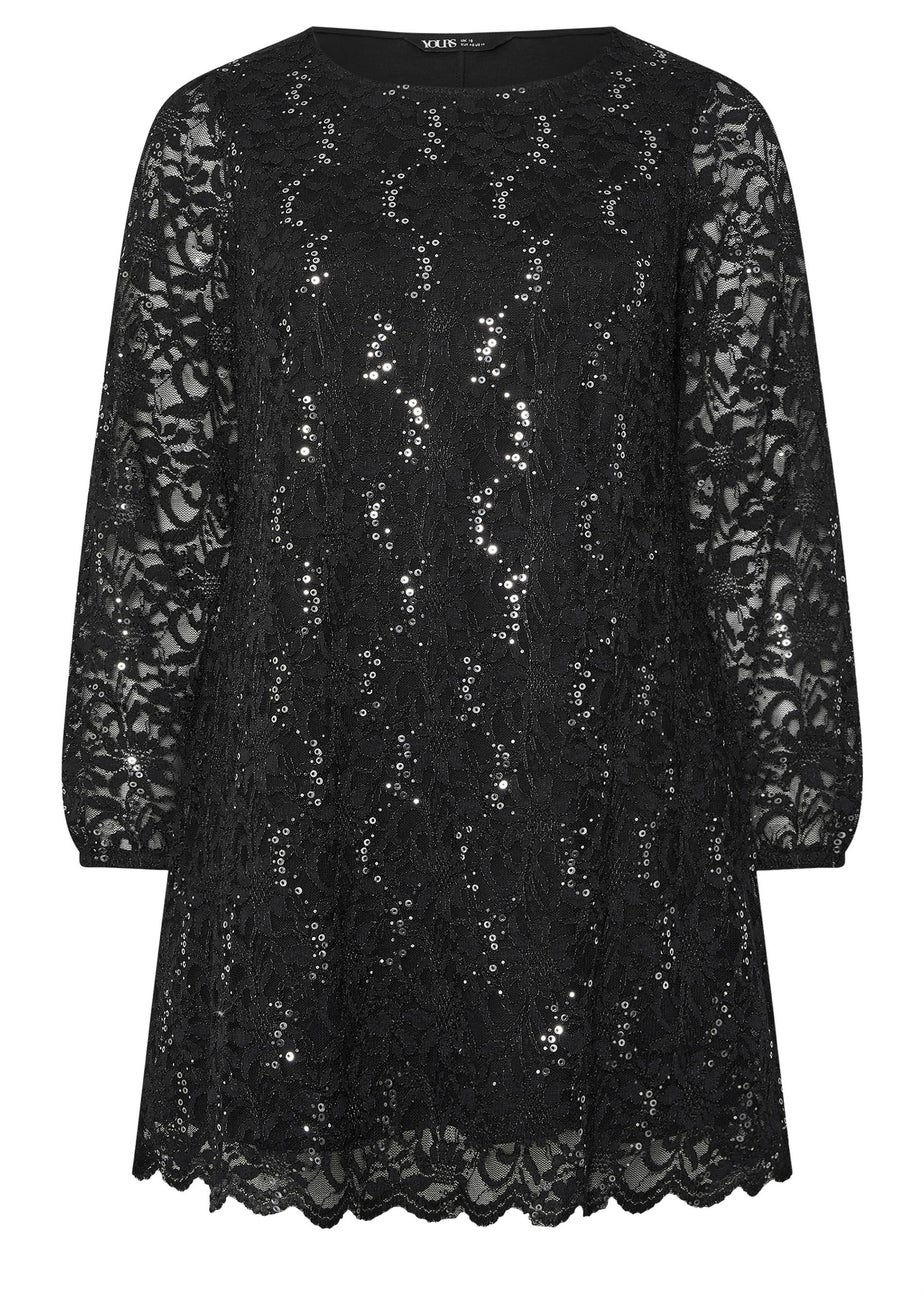 Yours Black & Silver Lace Scallop Hem Mini Dress