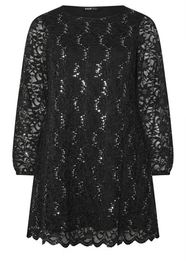 Yours Black & Silver Lace Scallop Hem Mini Dress