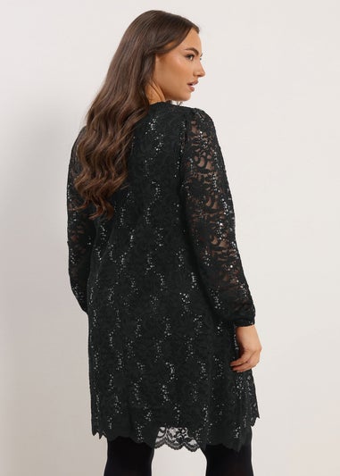 Yours Black & Silver Lace Scallop Hem Mini Dress