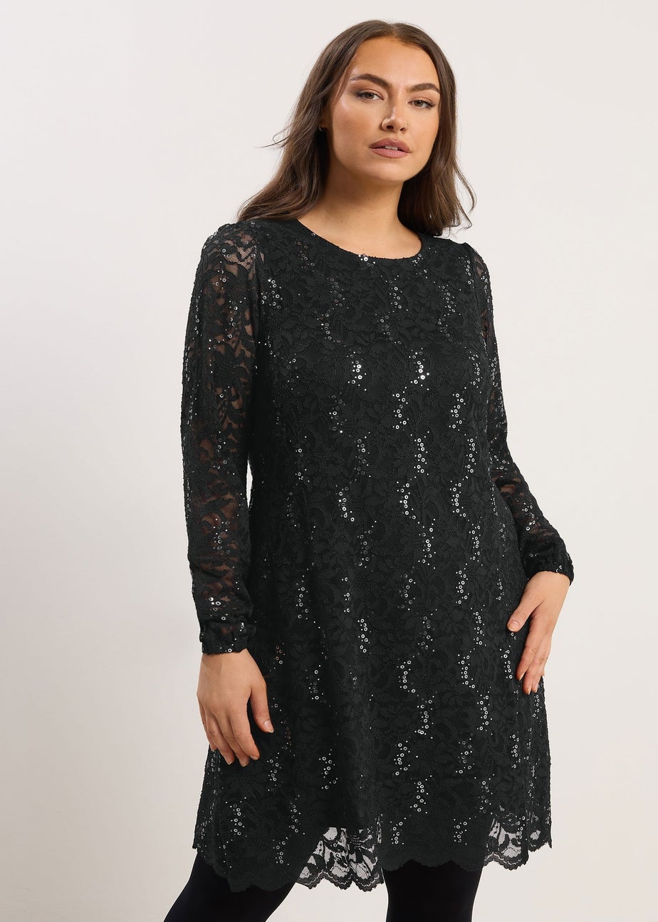 Yours Black & Silver Lace Scallop Hem Mini Dress