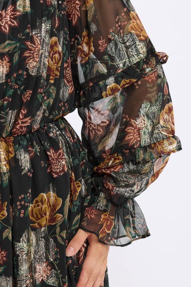 Yours Black Floral Metallic Tie Neck Mini Dress