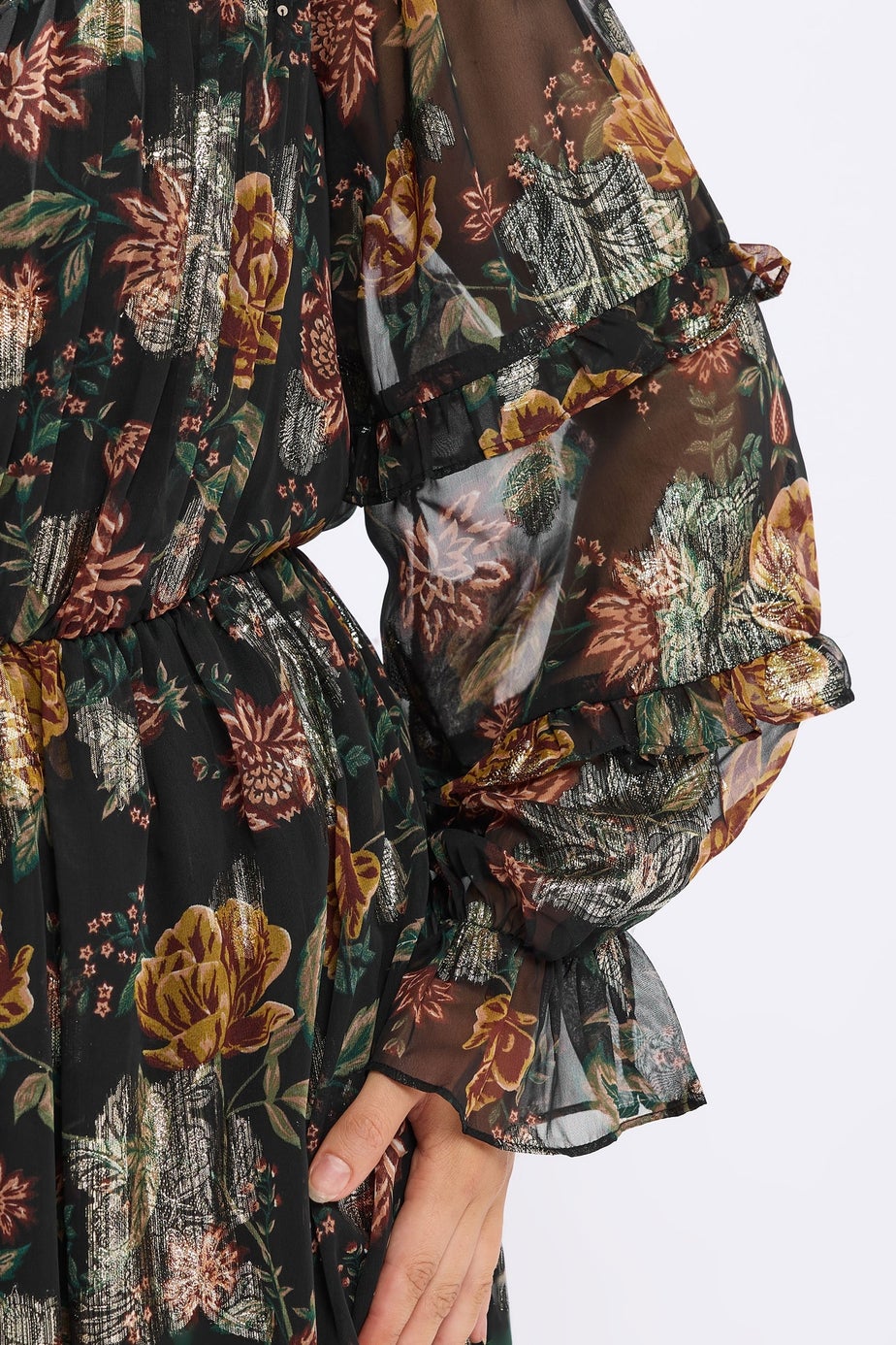 Yours Black Floral Metallic Tie Neck Mini Dress