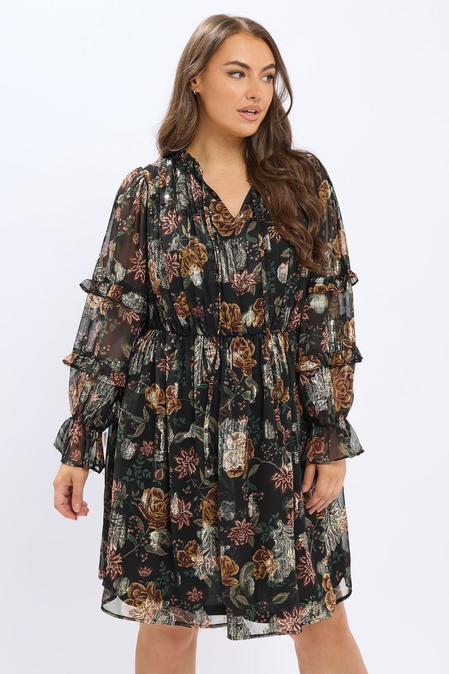 Yours Black Floral Metallic Tie Neck Mini Dress