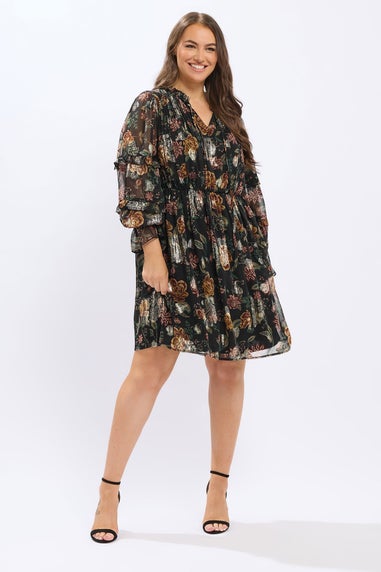 Yours Black Floral Metallic Tie Neck Mini Dress