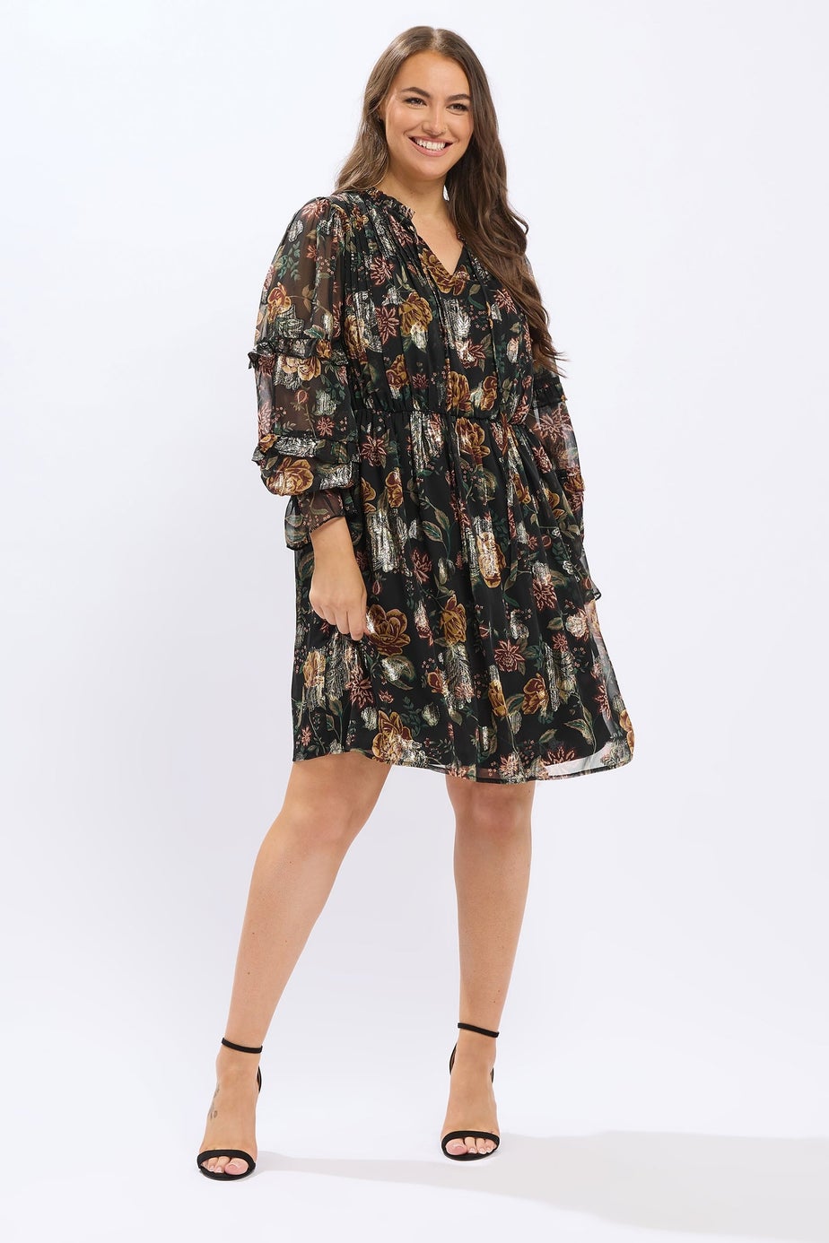 Yours Black Floral Metallic Tie Neck Mini Dress