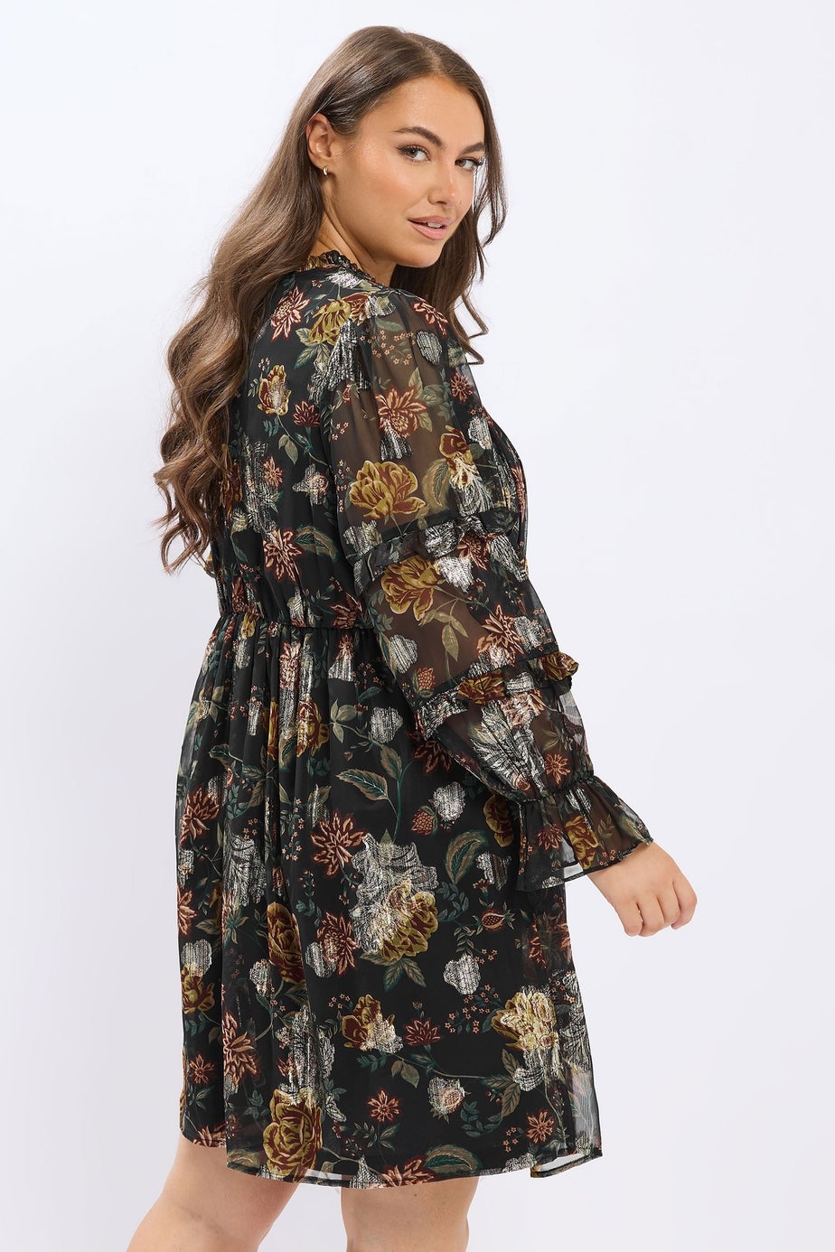 Yours Black Floral Metallic Tie Neck Mini Dress
