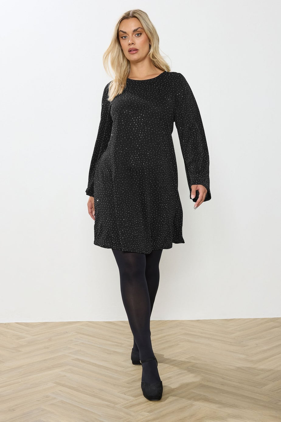 Yours Black Sparkle Flute Sleeve Swing Dress