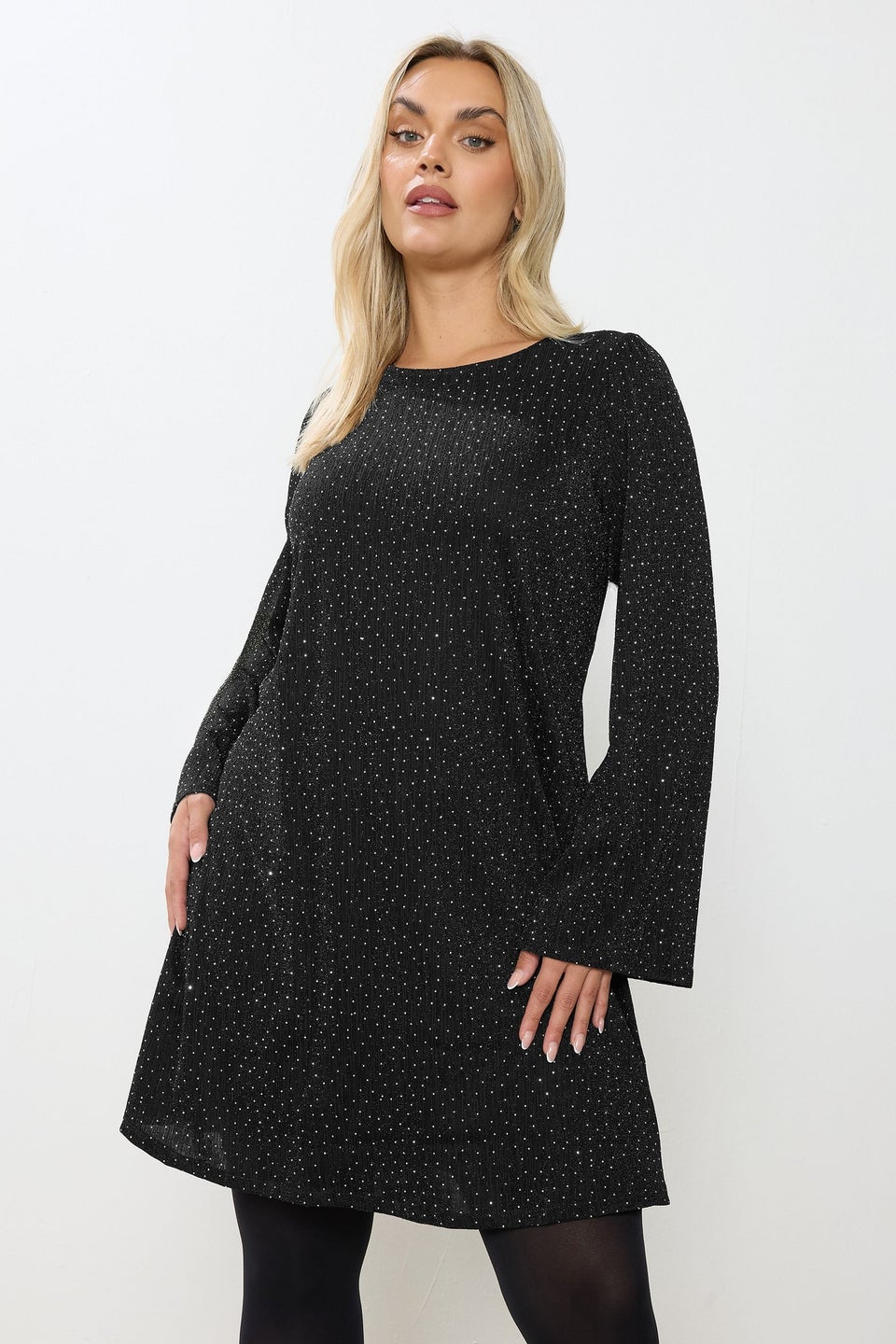 Yours Black Sparkle Flute Sleeve Swing Dress