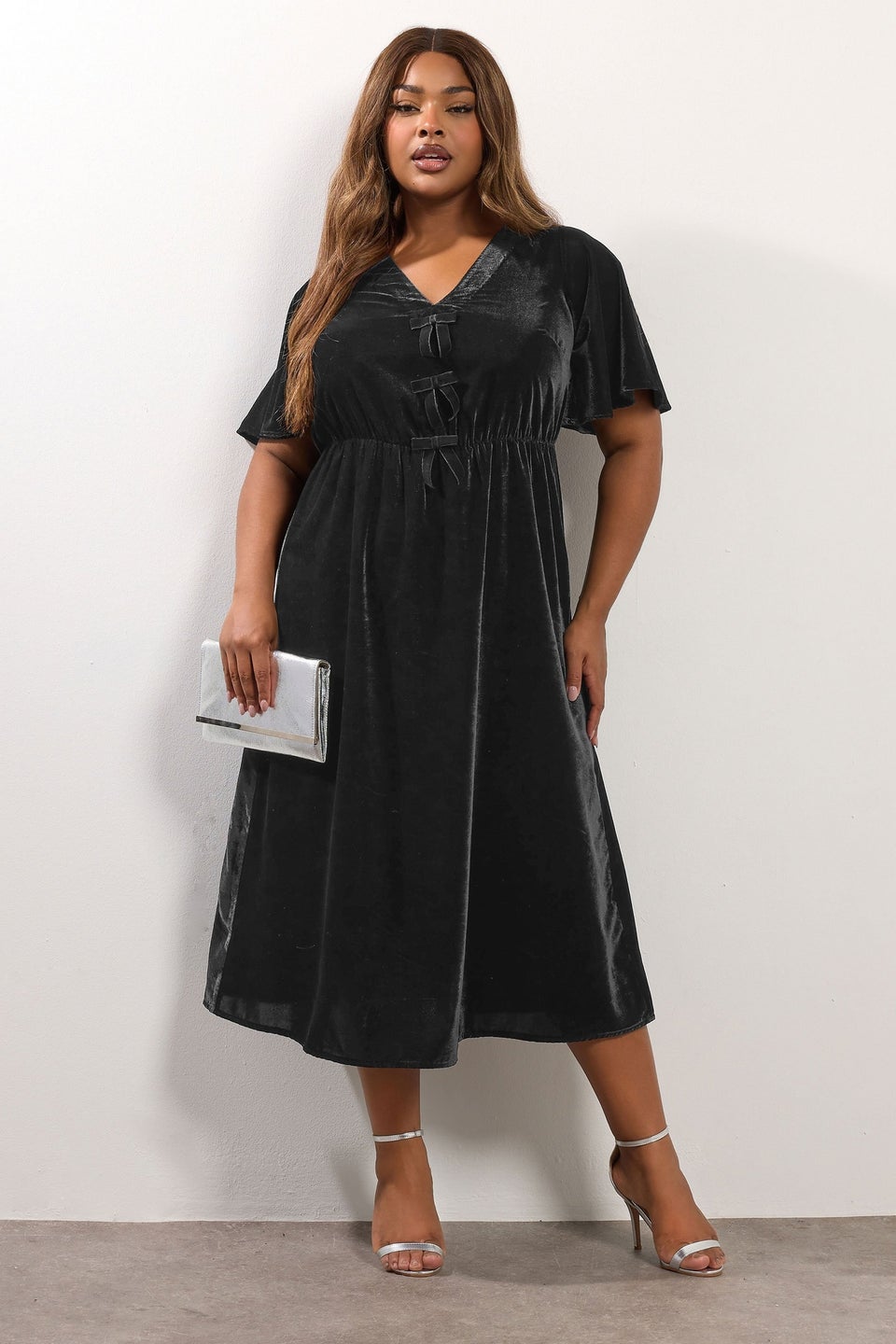 Yours Black Velvet Bow Detail Maxi Dress